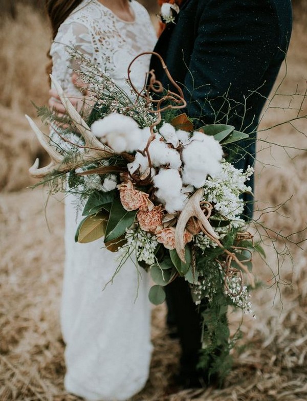 bohemian wedding bouquet with cotton and antler