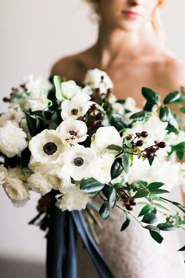 moody wedding bouquet with anemones and garden roses