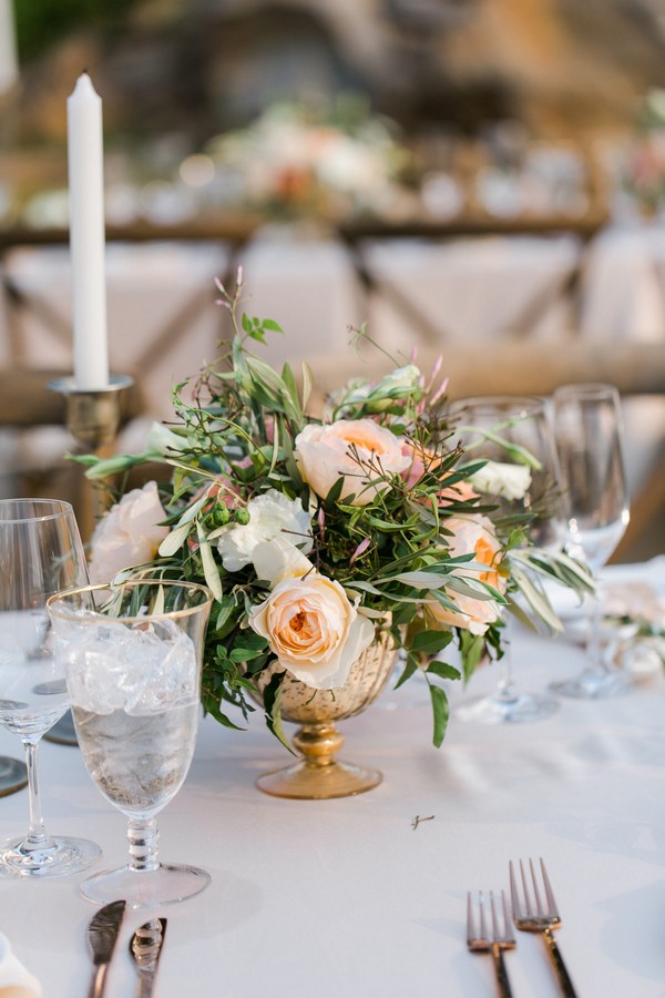 peach orange and greenery wedding centerpiece ideas with candles