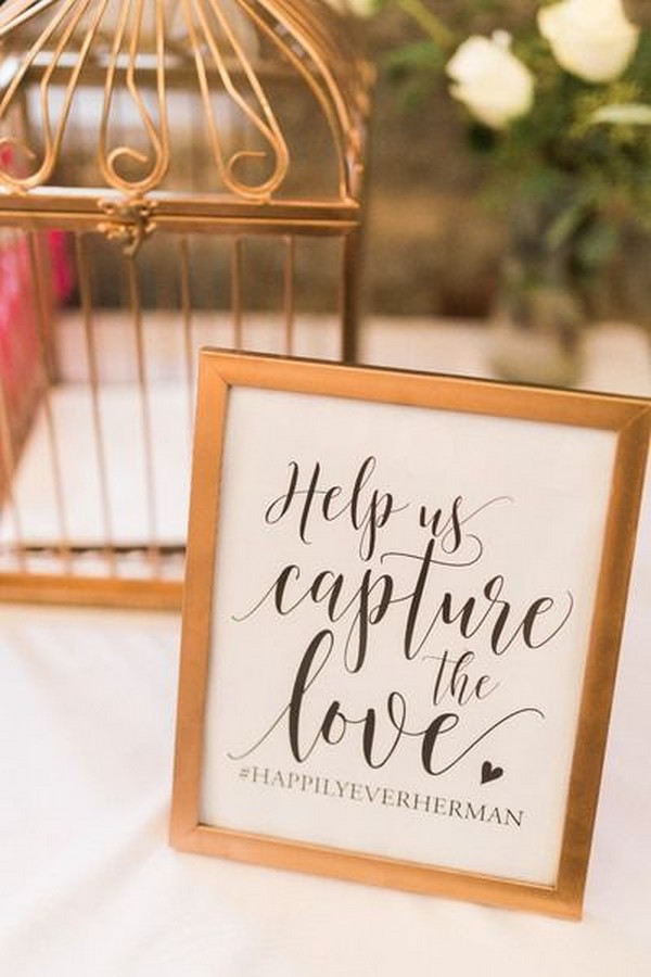 vintage gold framed calligraphy wedding hashtag sign ideas
