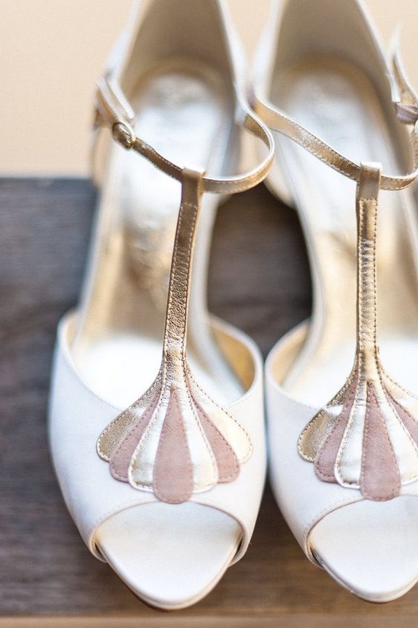 champagne and pink low heel wedding shoes