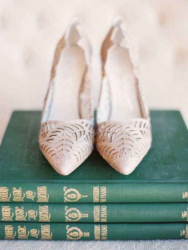 champagne beaded low heel wedding shoes