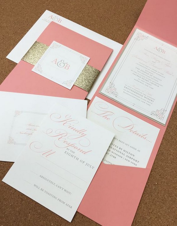 coral and glitter gold pocket wedding invitations