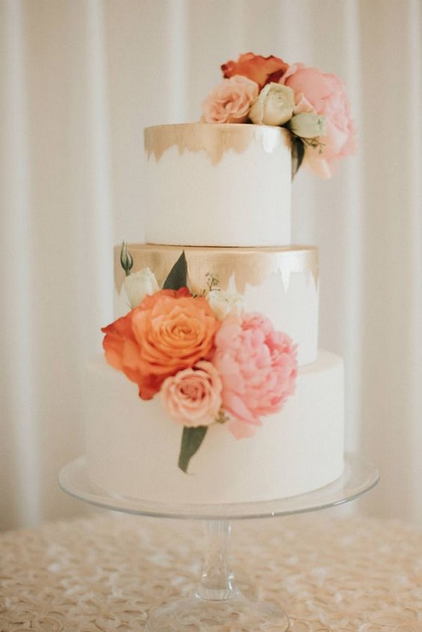 coral and gold wedding cake