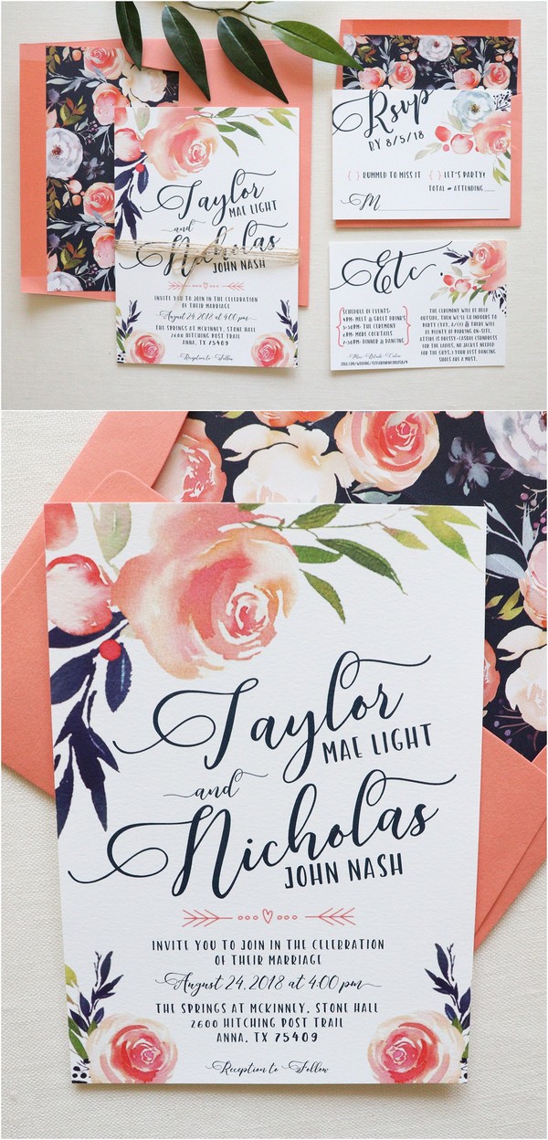 coral and navy blue chic wedding invitations_