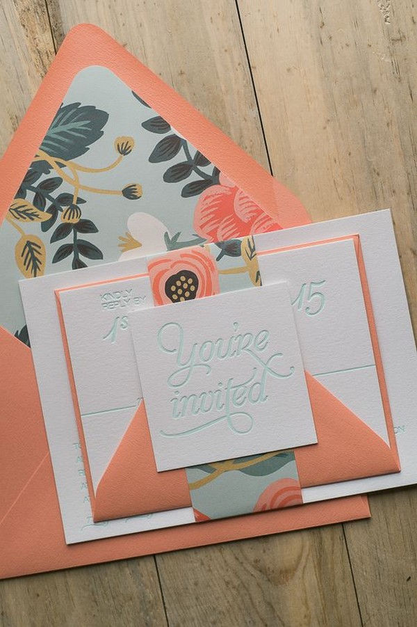 mint and coral floral wedding invitation ideas