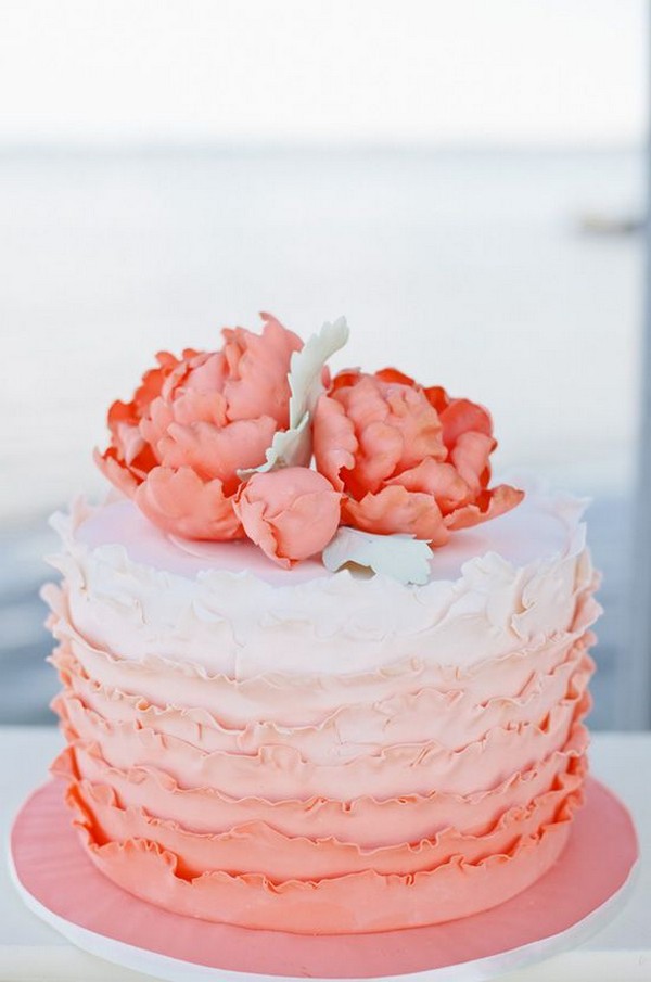 ombre coral ruffle wedding cake