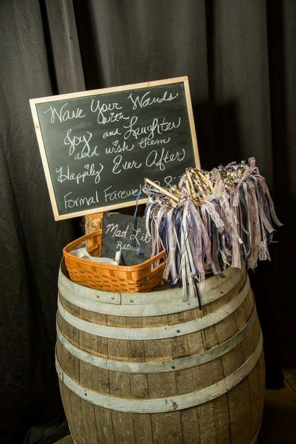 rustic wedding sign ideas with ribbon wands send off