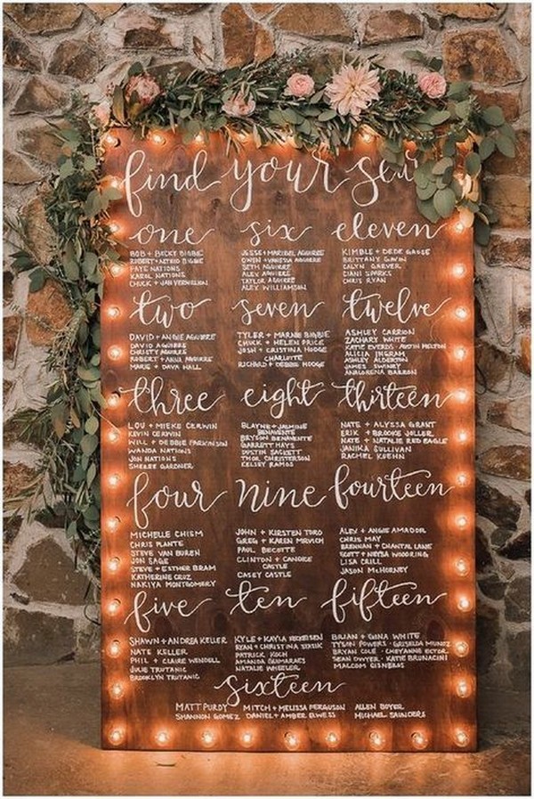 boho chic wedding seating chart decorated with lights and herbs