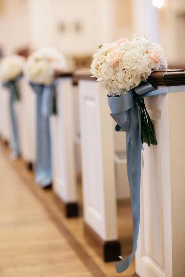 dusty blue and pink church wedding aisle