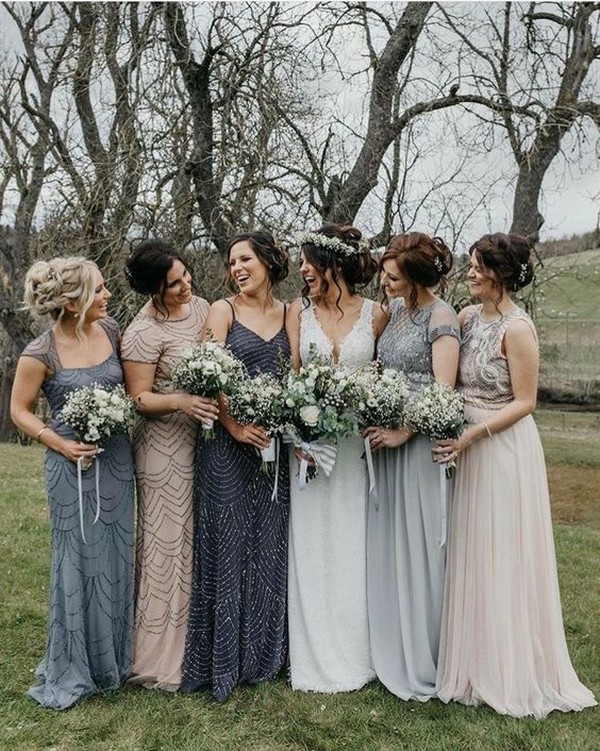 mismatched blue and blush bridesmaid dresses