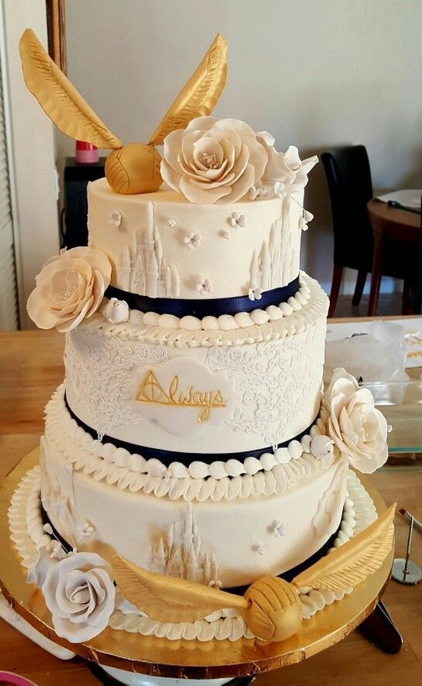 Harry Potter themed gold wedding cake