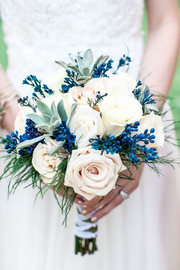 blush roses and blue wedding bouquet