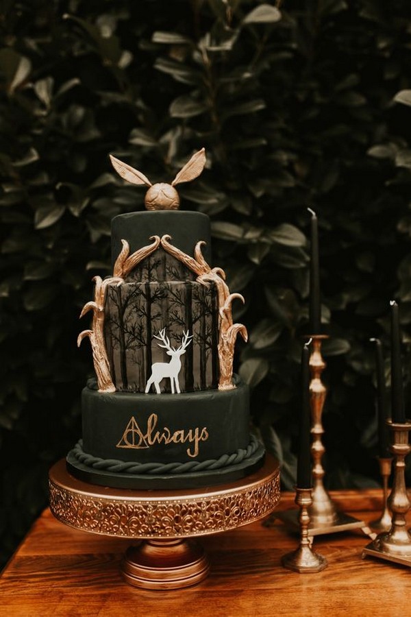 moody emerald greena and gold Harry Potter themed wedding cake