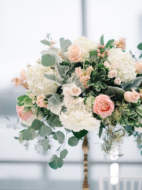 pink roses and white hydrangeas wedding centerpiece ideas