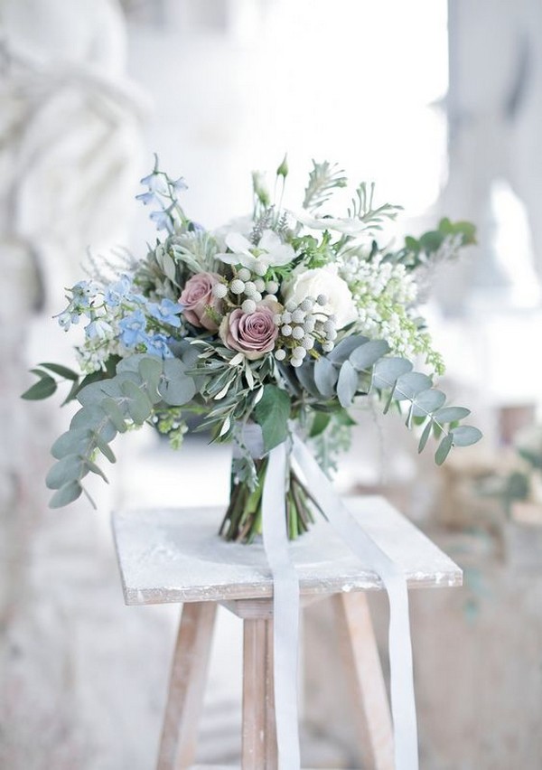 soft pastel wedding bouquet with mauve roses