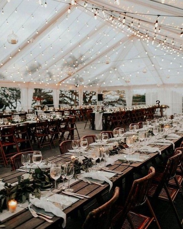 country rustic tented wedding reception ideas with string lights