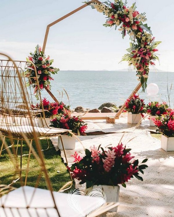 geometric beach wedding ceremony backdrop and decorations