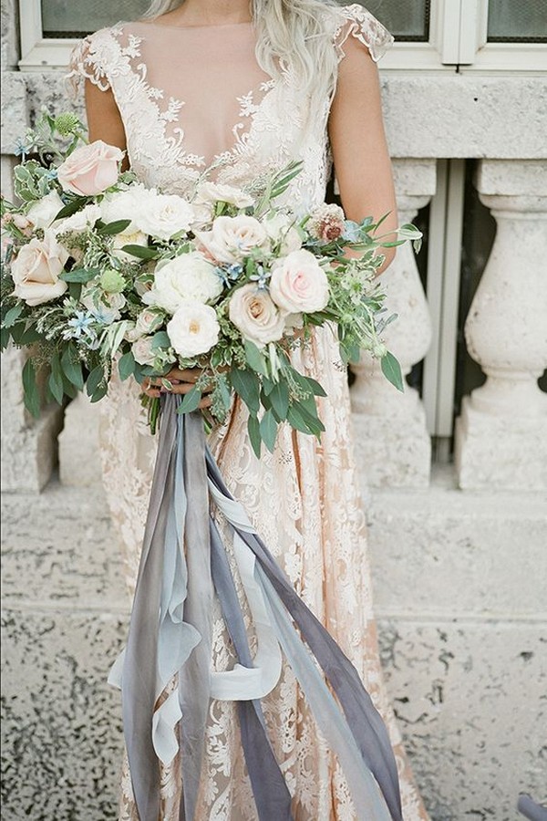 neutral wedding bouquet with grey ribbons - EmmaLovesWeddings