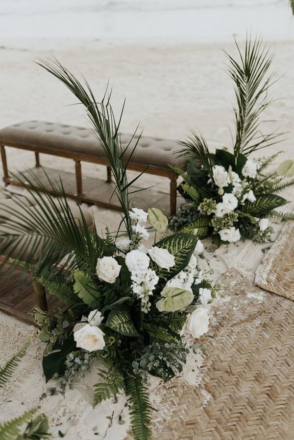 tropical greenery and white beach wedding aisle decoration ideas