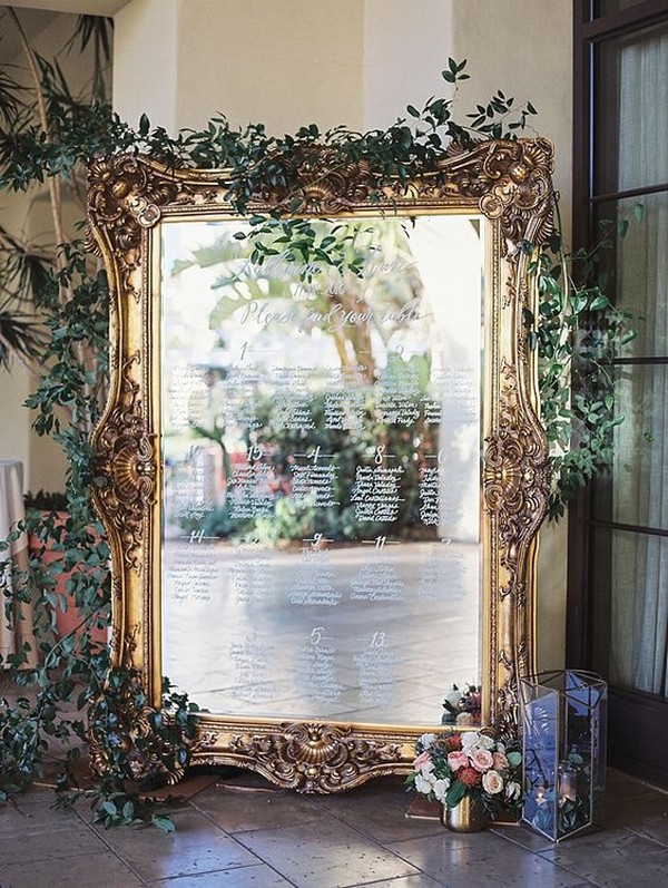 vintage gold framed mirror wedding seating chart ideas