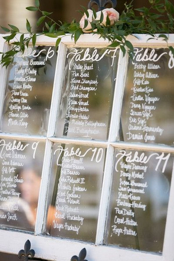 vintage window inspired seating chart display for rustic wedding