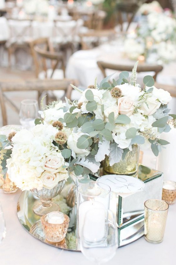 white and greenery neutral wedding centerpiece