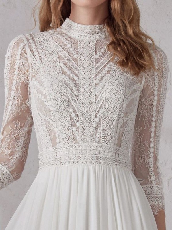 Pronovias long lace sleeves romantic boho wedding dress