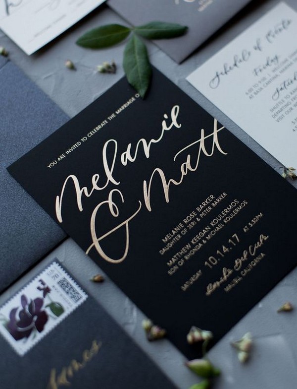 black and gold foil wedding invitations