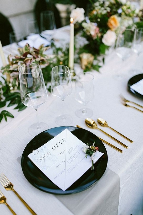 black white and gold wedding table setting