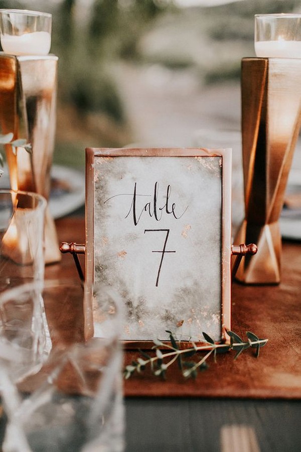 copper wedding centerpiece ideas with table numbers