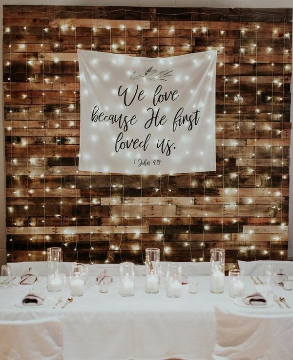 country rustic wedding backdrop decoration ideas with wooden pallets and lights