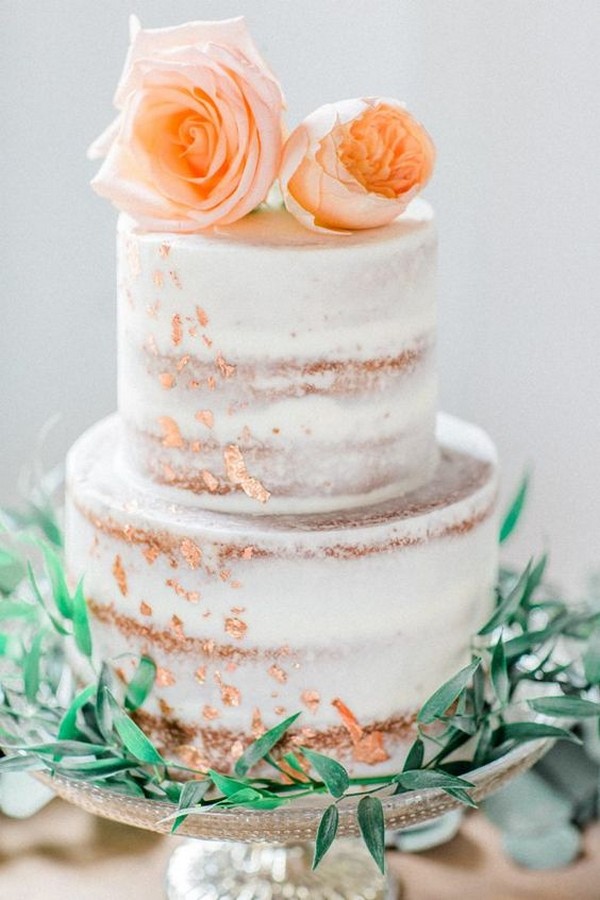 metallic copper and greenery wedding cake