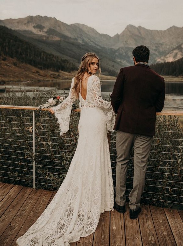 romantic v back lace boho wedding dress