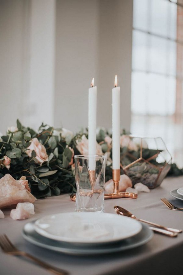 vintage chic greenery and copper wedding centerpiece