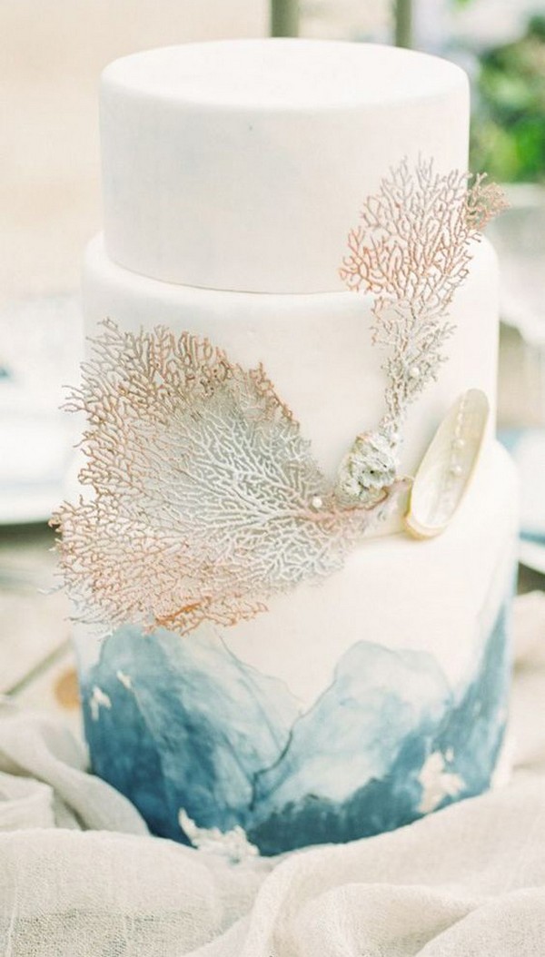 watercolor blue beach wedding cake