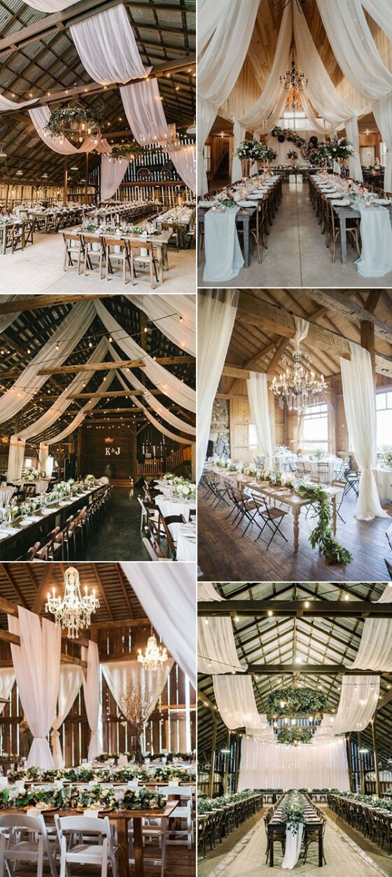18 Country Barn Wedding Reception Ideas with White Draping