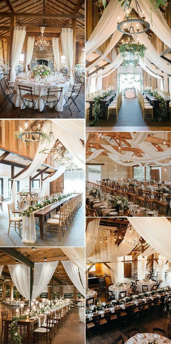 18 Country Barn Wedding Reception Ideas with White Draping