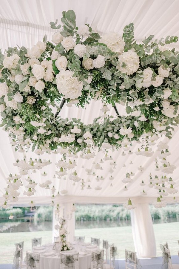 hanging greenery and white flower wedding chandelier decoration