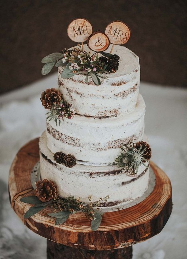 semi naked rustic wedding cake with tree stump stand