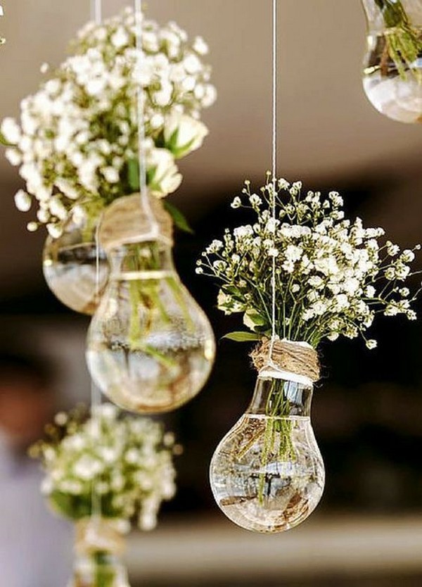 budget friendly diy hanging light bulb wedding ideas with baby's breath