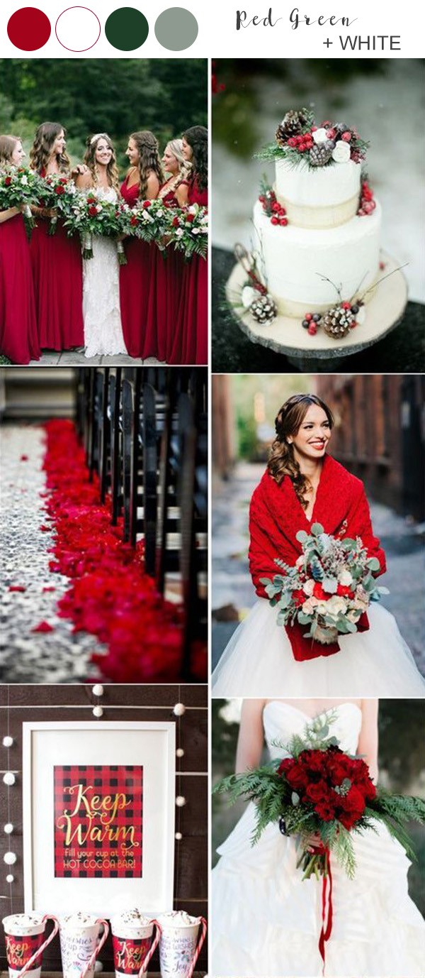 red, white and green winter December wedding color palette ideas