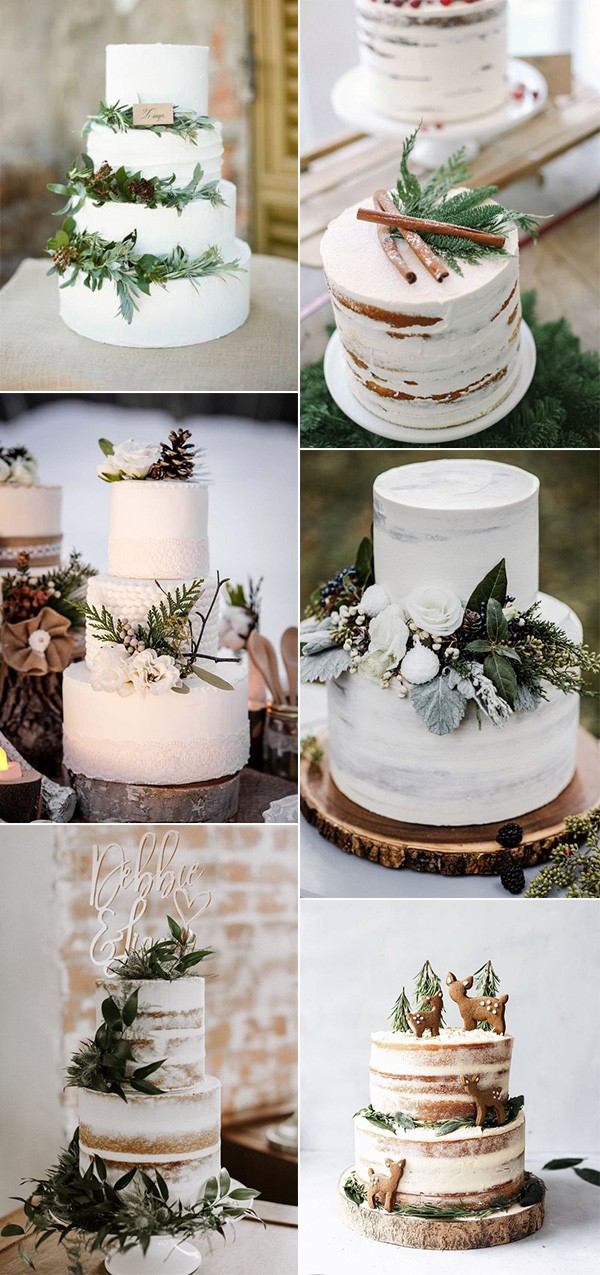 simple white and greenery winter wedding cakes