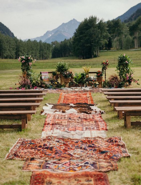 DIY outdoor boho inspired wedding ceremony aisle ideas