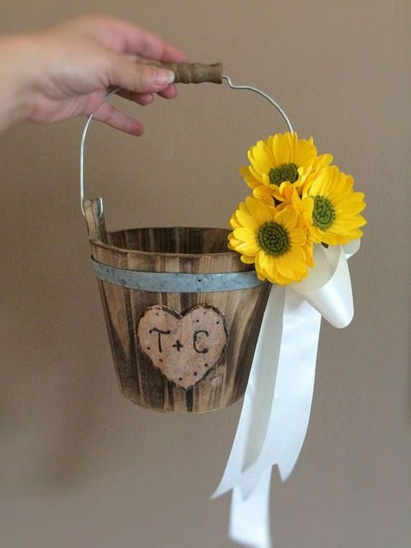 Rustic flower girl bucket with sunflowers