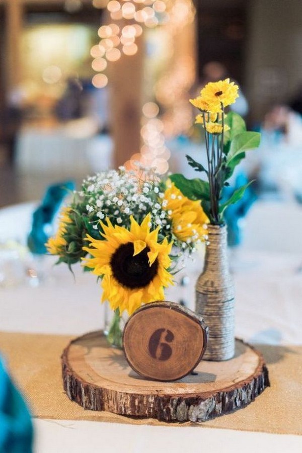 country rustic wedding centerpiece with sunflower and baby's breath