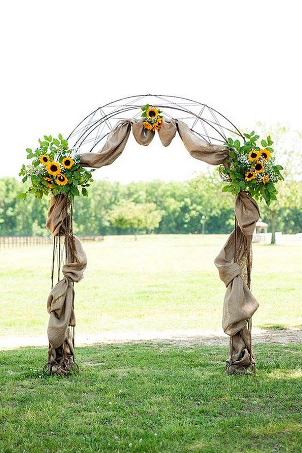 country wedding arch with sunflowers and burlap