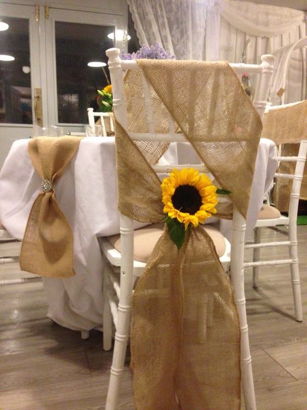 country wedding chair decoration with sunflower and burlap