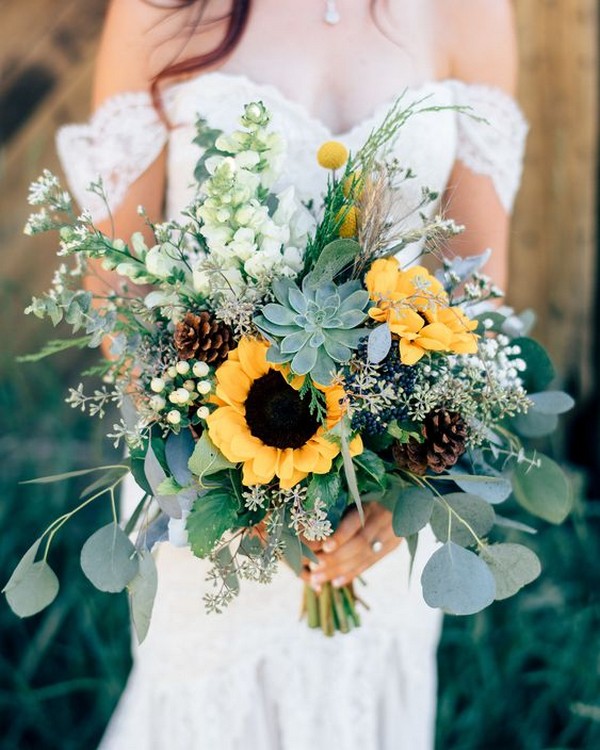 pretty sunflower wedding bouquet with succulents