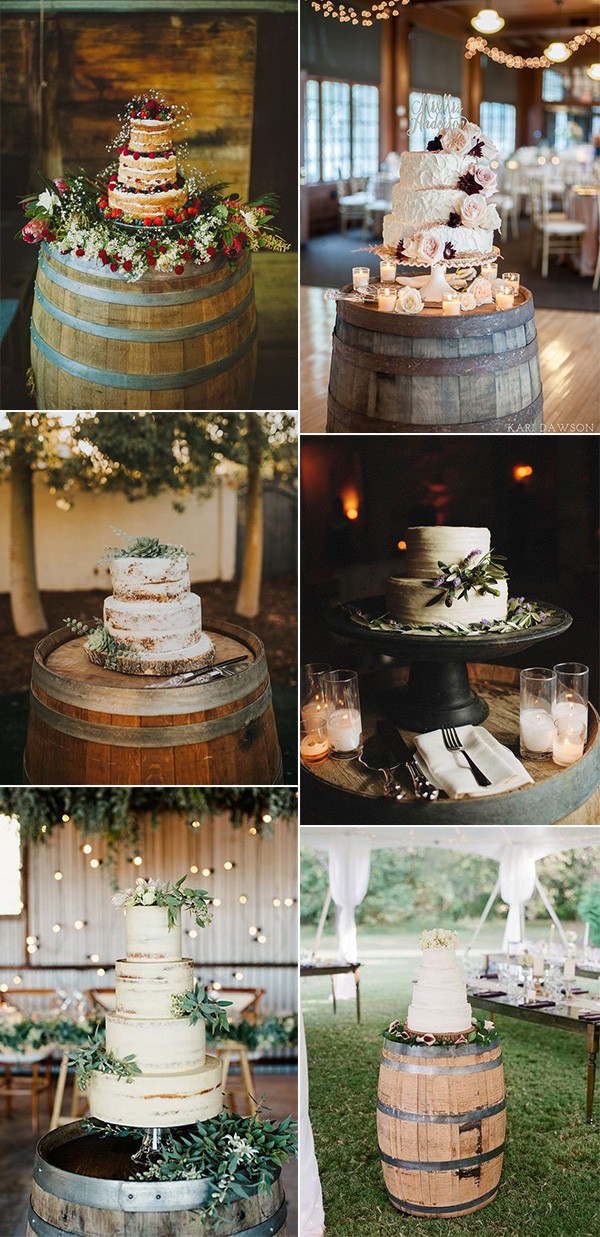 rustic wedding cakes with wine barrel stands